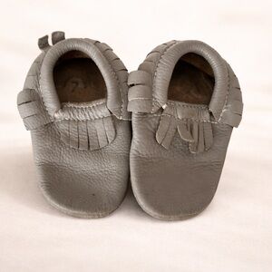 Minimoc brand Kids Leather Moccasin Slip-On Shoes in Gray - fringed leather Mocs
